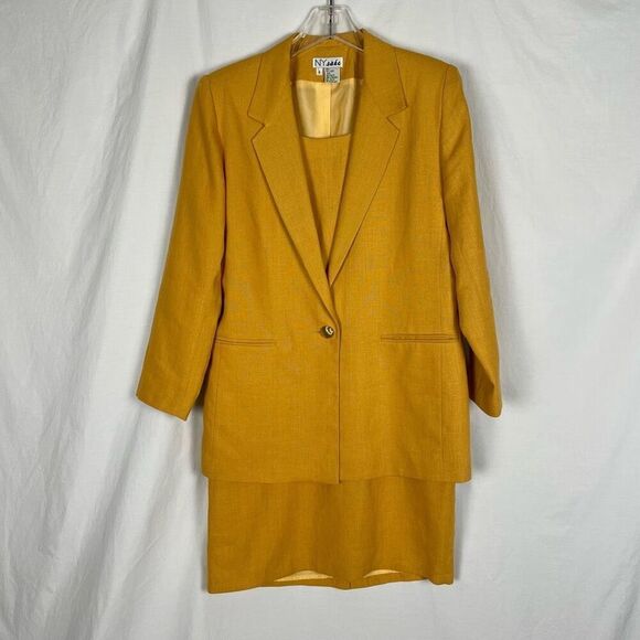 NY Sake Vintage 100% Linen Mustard Yellow Dress Suit Set - Women’s 10 - Picture 9 of 9